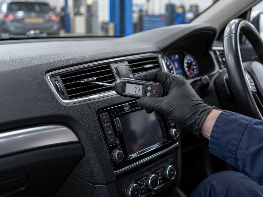 Technician checking air con vent temperature during a car air conditioning service in Ayr