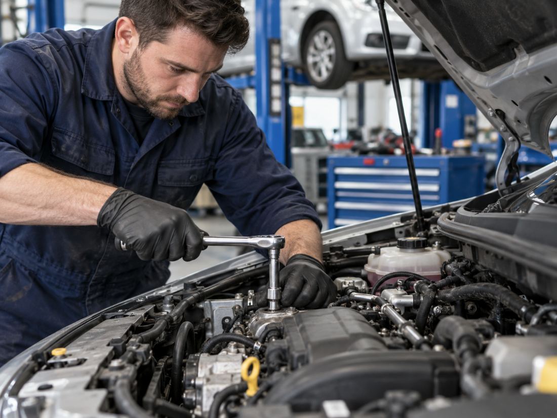 Mechanic carrying out engine repairs at Ferguslea Motors garage in Ayr